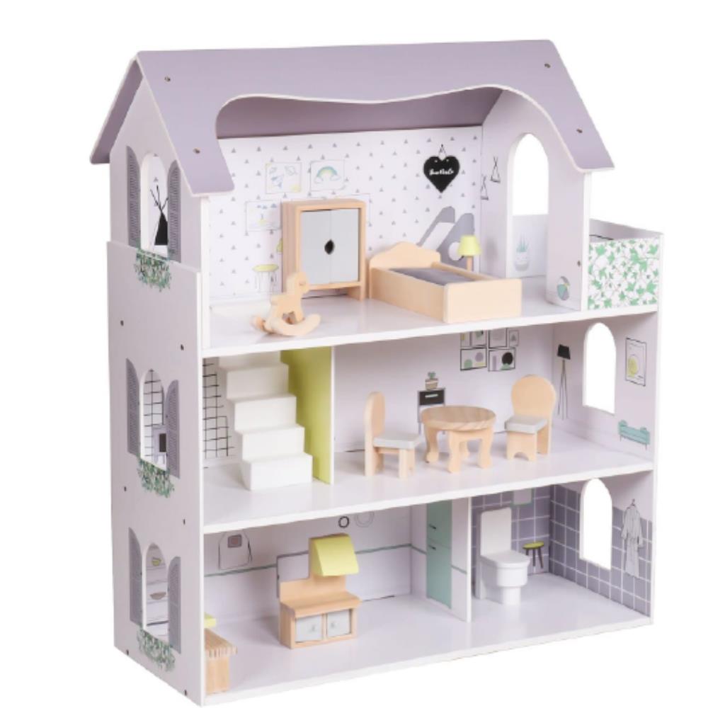 بيت دمى خشبي بتصميم كوخ مع أثاث – 3 طوابق